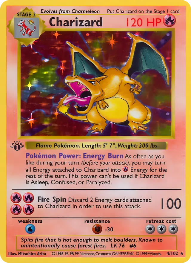 Charizard from the 1999 Pokémon Base Set with measuring lines on the inner edge of its yellow border: left/right 54.4 / 45.6, top/bottom 51.9 / 48.1