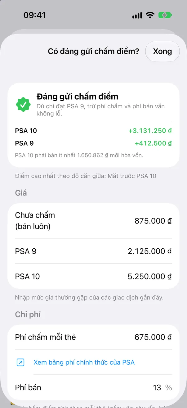 Màn hình Có đáng gửi chấm điểm? so sánh bán thẻ trần với PSA 9 và PSA 10