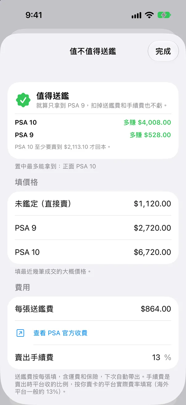 「值不值得送鑑」頁面：比較直接賣裸卡、PSA 9 與 PSA 10